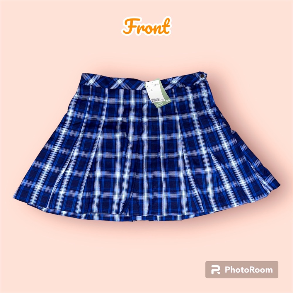 Divided pleated blue and white plaid skater skirt side zip size 10 new with tags
